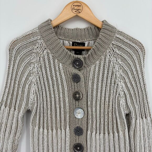 Pure Handknit Artsy Button Front Cardigan, Sz Med, Gray White Stripe, Granny - Picture 3 of 9